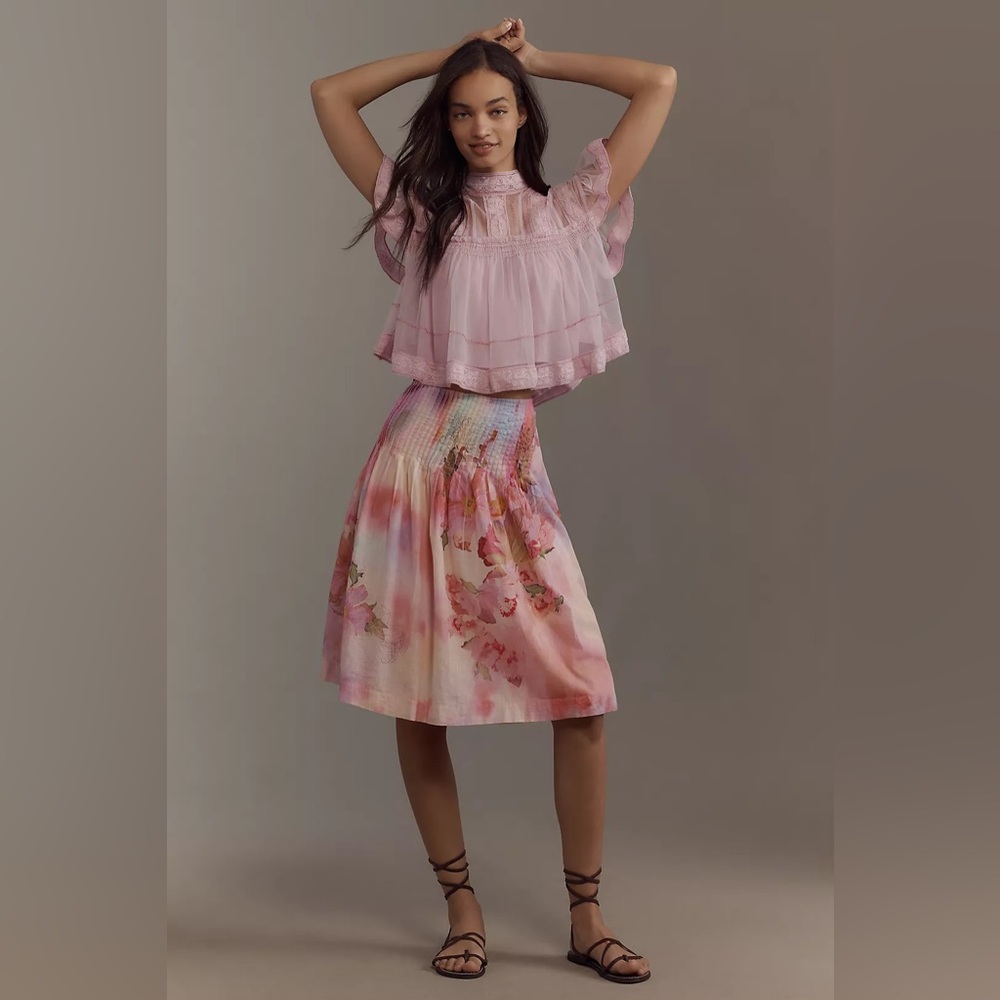 Anthropologie By Anthropologie Low-Rise Gathered-Yoke Knee-Length Skirt